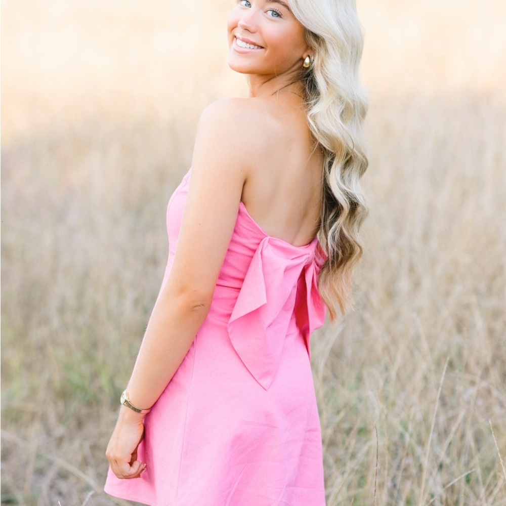 Pink Strapless Dress with Bow - Picture 4 of 6
